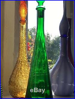 Green Decanter MCM Italian Empoli Genie Bottle Glass Blown 1960s