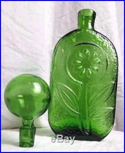 1 Vintage Mid Century Green Glass Sunflower Decanter Large Bulb Rossini Empoli