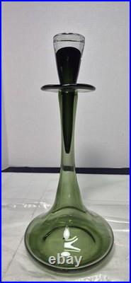 12.5 Smoky Dark Olive Green Glass Bottle Vase Decanter & Stopper Blenko Style
