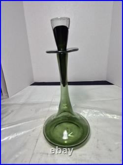 12.5 Smoky Dark Olive Green Glass Bottle Vase Decanter & Stopper Blenko Style