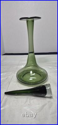 12.5 Smoky Dark Olive Green Glass Bottle Vase Decanter & Stopper Blenko Style