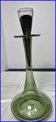 12.5 Smoky Dark Olive Green Glass Bottle Vase Decanter & Stopper Blenko Style