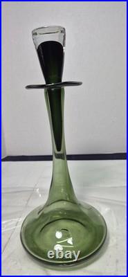 12.5 Smoky Dark Olive Green Glass Bottle Vase Decanter & Stopper Blenko Style