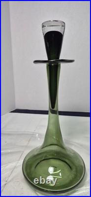 12.5 Smoky Dark Olive Green Glass Bottle Vase Decanter & Stopper Blenko Style