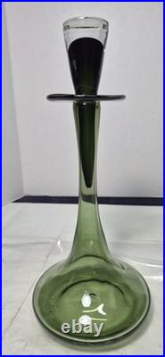 12.5 Smoky Dark Olive Green Glass Bottle Vase Decanter & Stopper Blenko Style