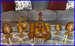 15 Piece Vintage Amber Indiana Glass Decanter Set Great Condition 1 Goblet Crack