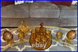 15 Piece Vintage Amber Indiana Glass Decanter Set Great Condition 1 Goblet Crack