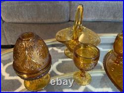 15 Piece Vintage Amber Indiana Glass Decanter Set Great Condition 1 Goblet Crack