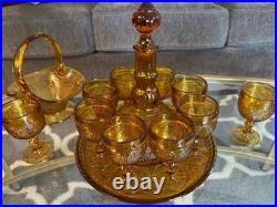 15 Piece Vintage Amber Indiana Glass Decanter Set Great Condition 1 Goblet Crack