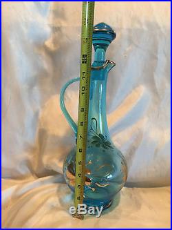 15 Vintage Roumanian Blue Art Glass Genie Bottle Decanter Made In Romania