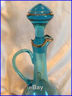 15 Vintage Roumanian Blue Art Glass Genie Bottle Decanter Made In Romania