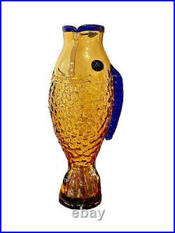 16 Blenko Adams Vtg Mid Century Modern Blue Art Glass Fish Vase Decanter 9425L