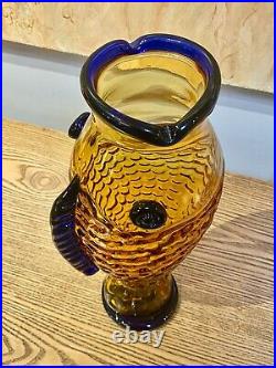 16 Blenko Adams Vtg Mid Century Modern Blue Art Glass Fish Vase Decanter 9425L