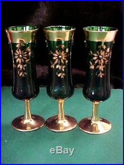 16TL Vntg GREEN GOLD Glass Decanter ELEGANT Shape Glasses FLOWERS MURANO ITALY