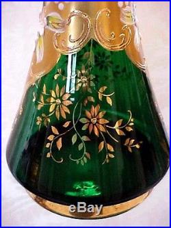 16TL Vntg GREEN GOLD Glass Decanter ELEGANT Shape Glasses FLOWERS MURANO ITALY