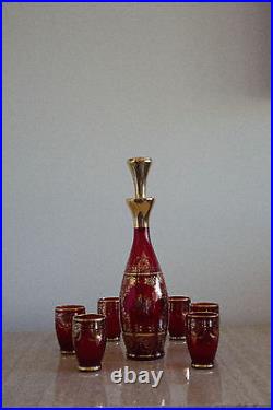 1920's Vintage Venetian Glass Decanter with6 Glasses Red with Gold Overlay (46)