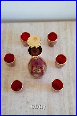 1920's Vintage Venetian Glass Decanter with6 Glasses Red with Gold Overlay (46)