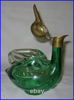 1940's Antique Green Glass Duck Decanter with Brass Head Vintage! FREE S&H