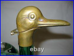 1940's Antique Green Glass Duck Decanter with Brass Head Vintage! FREE S&H
