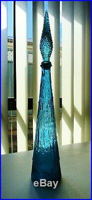 1950's OCEAN BLUE BAMBOO ITALIAN RETRO VINTAGE ART GLASS GENIE BOTTLE DECANTER