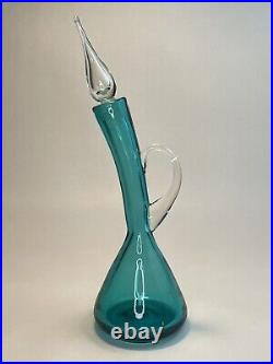 1960's MCM Bischoff #591 Peacock Blue Bent Curved Glass Decanter