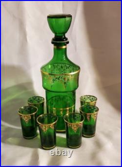 1970s Vintage Dark Green Glass & Gold Filigree Decanter Set with Six Glasses