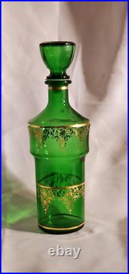 1970s Vintage Dark Green Glass & Gold Filigree Decanter Set with Six Glasses