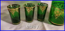 1970s Vintage Dark Green Glass & Gold Filigree Decanter Set with Six Glasses