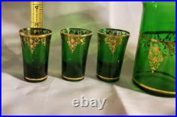 1970s Vintage Dark Green Glass & Gold Filigree Decanter Set with Six Glasses