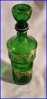 1970s Vintage Dark Green Glass & Gold Filigree Decanter Set with Six Glasses