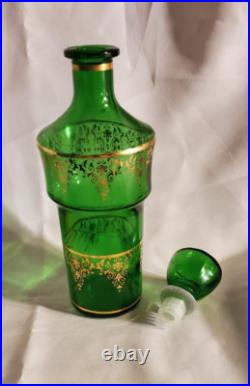 1970s Vintage Dark Green Glass & Gold Filigree Decanter Set with Six Glasses