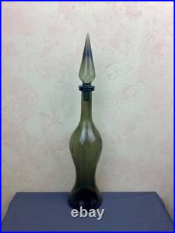 1970s Vintage Italian Empoli Paneled Smoked Gray Decanter/Genie Bottle & Stopper