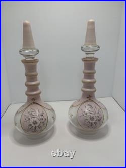 2 Bohemian N Painted Cased Glass Decanters Vintage