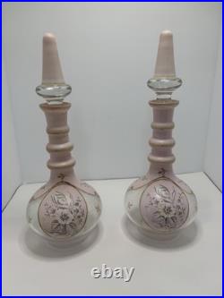 2 Bohemian N Painted Cased Glass Decanters Vintage