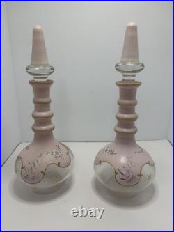 2 Bohemian N Painted Cased Glass Decanters Vintage