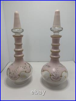 2 Bohemian N Painted Cased Glass Decanters Vintage