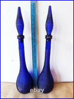 2 MCM Vintage Decanter Cobalt Blue Diamond Point Genie Bottles Set of 2 Italy