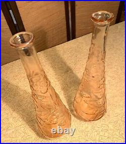 (2) TWO Vintage Italian Empoli glass genie bottle decanter champagne pink peach