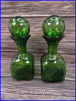 2 VTG Green Glass Decanter/Carafe with Large Globe/Ball Stoppers