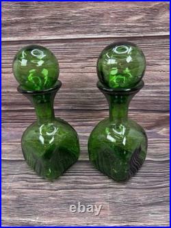 2 VTG Green Glass Decanter/Carafe with Large Globe/Ball Stoppers