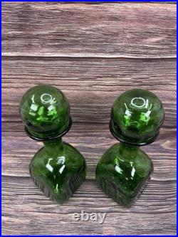 2 VTG Green Glass Decanter/Carafe with Large Globe/Ball Stoppers