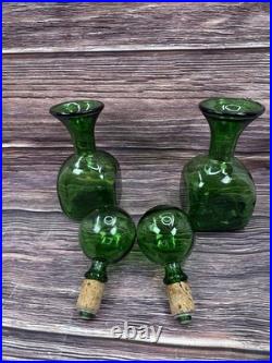 2 VTG Green Glass Decanter/Carafe with Large Globe/Ball Stoppers