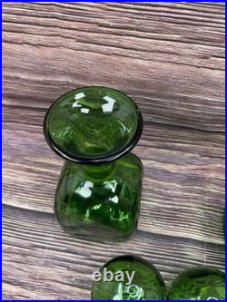 2 VTG Green Glass Decanter/Carafe with Large Globe/Ball Stoppers