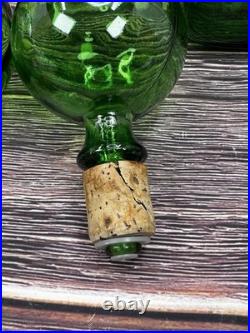 2 VTG Green Glass Decanter/Carafe with Large Globe/Ball Stoppers
