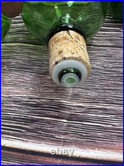 2 VTG Green Glass Decanter/Carafe with Large Globe/Ball Stoppers