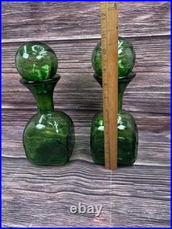 2 VTG Green Glass Decanter/Carafe with Large Globe/Ball Stoppers