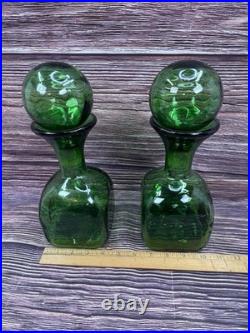2 VTG Green Glass Decanter/Carafe with Large Globe/Ball Stoppers