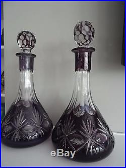 2 Vintage Bohemian Glass Amethyst Purple Cut to Clear Decanters Faceted Stopper