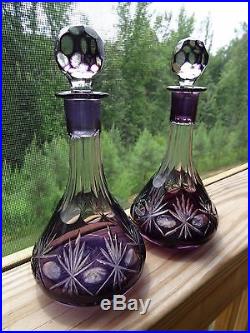 2 Vintage Bohemian Glass Amethyst Purple Cut to Clear Decanters Faceted Stopper