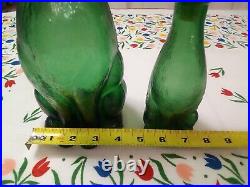 2 Vintage Italian 1960s Empoli Green Cat Glass Decanter Mid Century Mod 14.5' 9